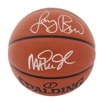 Larry Bird & Magic Johnson Dual Signed Basketball In Display Case